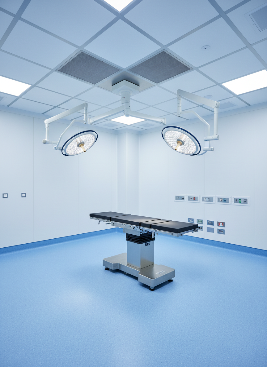 A state-of-the-art operating theatre interior constructed to surgical standards, with a central stainless-steel operating table, pristine white epoxy-coated walls, and a seamless, light blue poured resin floor with coved skirting. Ceiling-mounted surgical light booms and equipment pendants are precisely arranged, with concealed services panels and integrated medical gas outlets along a flush-built service wall. Cool, balanced artificial lighting from overhead LED panels creates a bright, shadow-free environment, highlighting the immaculate surfaces and technical detailing. Shot in photographic realism from a slightly elevated, wide-angle perspective, capturing the full room geometry and service coordination. The atmosphere is ultra-clean, controlled, and technical, emphasizing high-spec medical infrastructure and meticulous healthcare construction, with absolutely no people or mannequins present.
