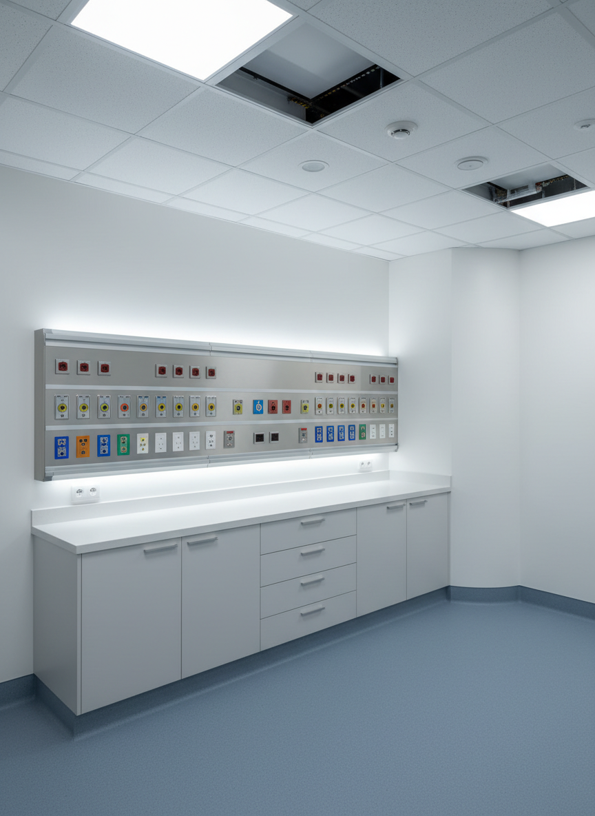 A high-tech intensive care unit bay under construction but near completion, featuring a wall-mounted headwall system with integrated medical gas outlets, power sockets, and data ports, all aligned in precise horizontal bands. Below is a built-in cabinetry unit in light gray laminate with soft-close drawers, while above runs a continuous LED cove detail. The floor is a seamless, hygienic vinyl in muted blue-gray, meeting a clean white wall with coved skirting. Ceiling tiles with carefully placed service cutouts show suspended tracks for future equipment. Cool, even artificial light from overhead LED panels illuminates every surface, emphasizing technical coordination. Photographic realism, shot from a slightly angled, mid-height viewpoint, highlighting the integration of building services in medical infrastructure. The mood is controlled, technical, and meticulously organized, with no human presence.