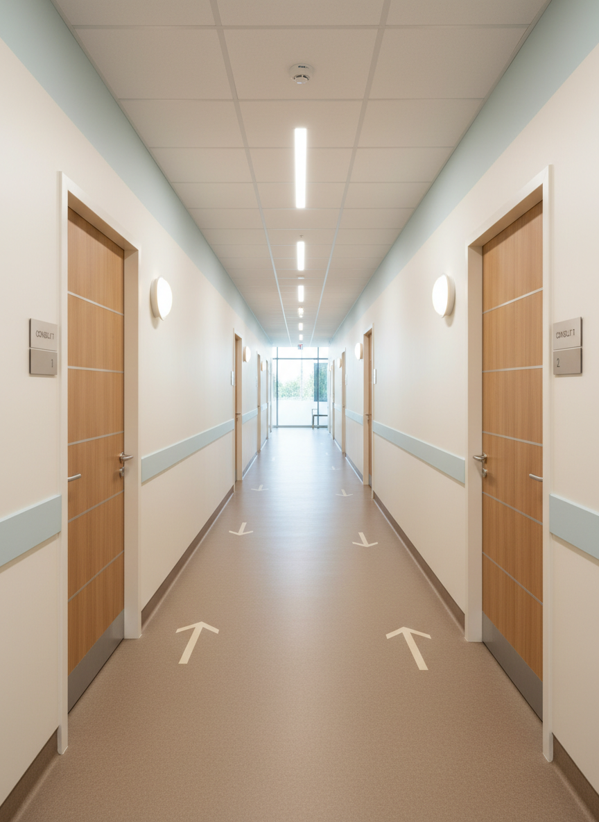 A modern outpatient clinic corridor in a newly fitted healthcare facility, with staggered consultation-room doors in warm, light wood grain and discreet room signage in brushed aluminum. The corridor walls are painted in soothing off-white with a subtle pastel accent band, and the floor is continuous, slip-resistant vinyl in a soft taupe tone with inlaid wayfinding lines. Recessed linear LEDs wash the ceiling, while wall-mounted sconces add gentle rhythm along the passage. Natural daylight filters from a glazed end wall, creating a balance of cool and warm light. Photographic realism from an eye-level, one-point perspective down the corridor, with strong leading lines and sharp focus, conveying calm, order, and professional healthcare design, entirely devoid of people or personal items.