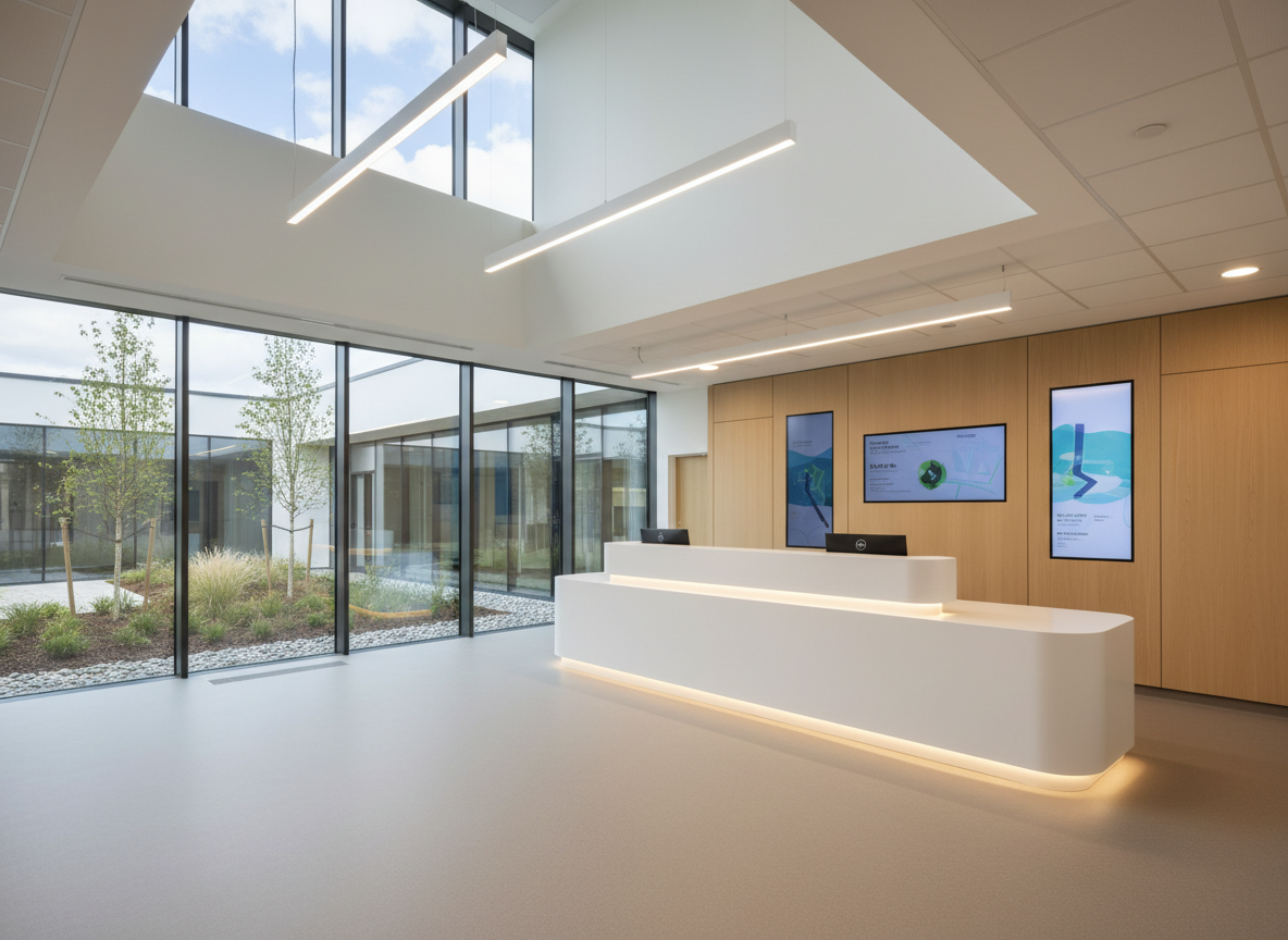 A newly completed hospital reception area showcasing healthcare construction excellence, with a sleek white solid-surface reception desk featuring soft rounded corners and integrated LED accent strips along its base. Surrounding it are pale oak wall panels, seamlessly integrated digital wayfinding screens, and a continuous antimicrobial vinyl floor in a muted warm gray. Large floor-to-ceiling glazing reveals a landscaped courtyard beyond. Diffused daylight from clerestory windows combines with discreet linear ceiling lights, creating an evenly lit, welcoming yet clinical environment. Photographic realism, eye-level composition with a wide-angle lens, sharp focus throughout, emphasizing clean lines, pristine finishes, and an uncluttered, professional mood suitable for a healthcare infrastructure showcase, no people visible anywhere.